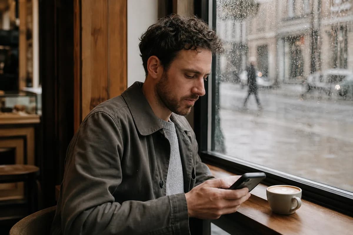 A man checking his phone in a coffee shop on a rainy day